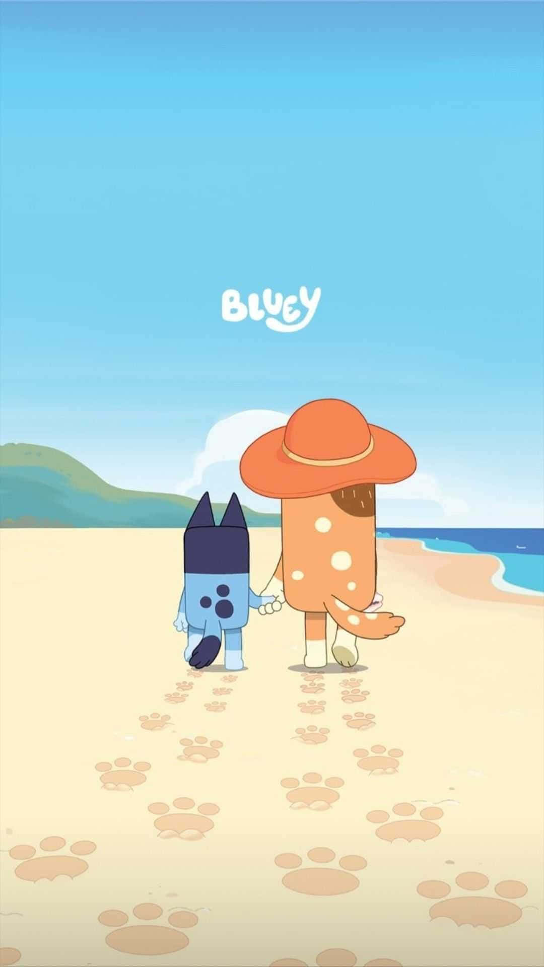 卡通角色與狗在海灘散步 壁紙