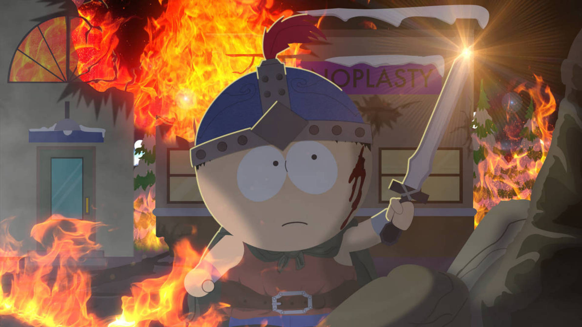 stan marsh 桌布 壁紙 — 卡通角色身穿騎士盔甲，在雪地小鎮的猛烈爆炸中手持劍。