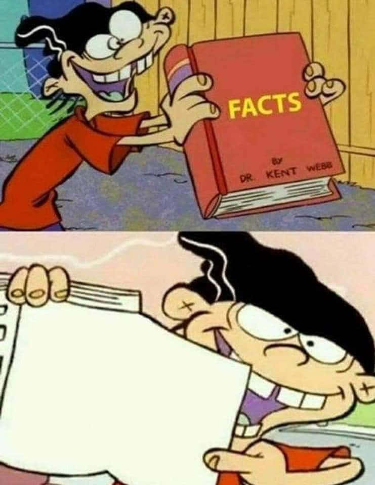 Blank Meme 桌布 壁紙 — 卡通角色高興地拿著一本名為「事實」的紅色書本，然後自豪地展示一個空白頁。