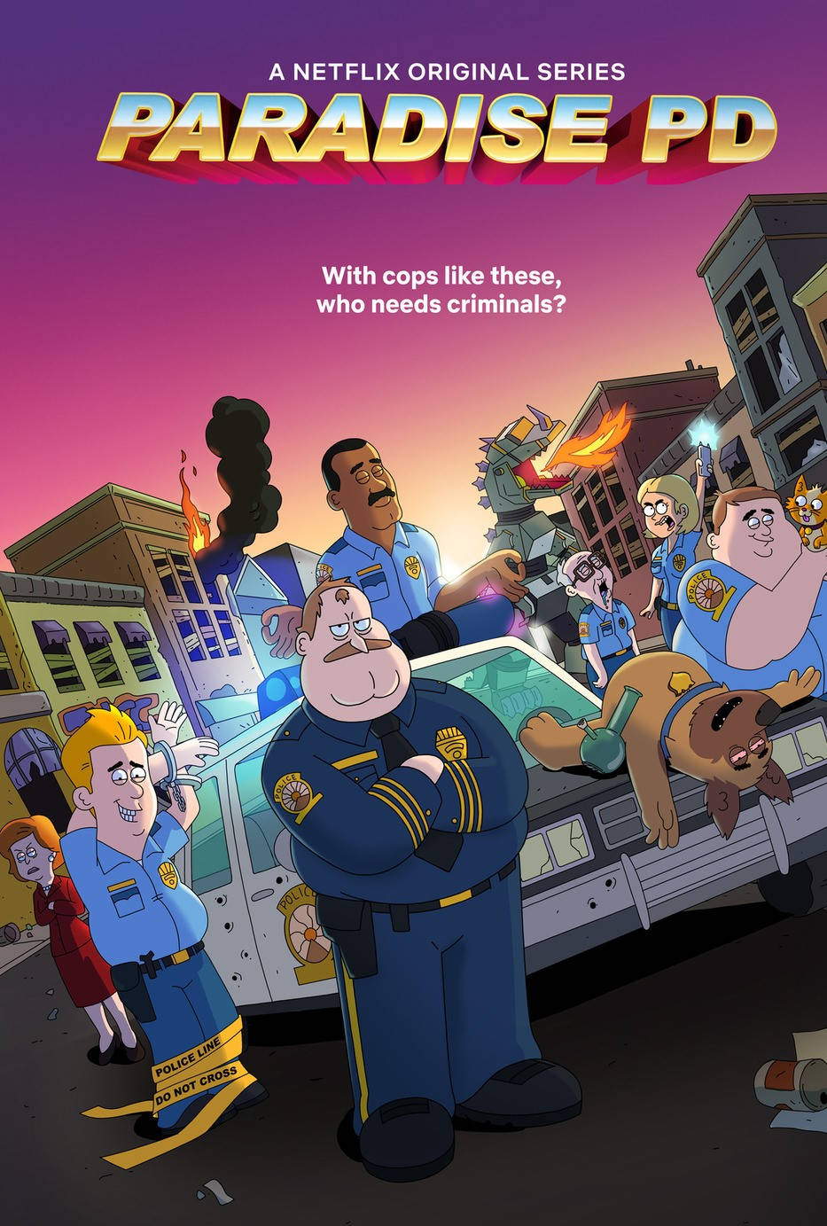Cartoon Characters 桌布 壁紙 — 卡通警察穿著藍色制服，在日落時分自信地站在混亂的城市街道上，背景有燃燒的建築物和一條龍。
