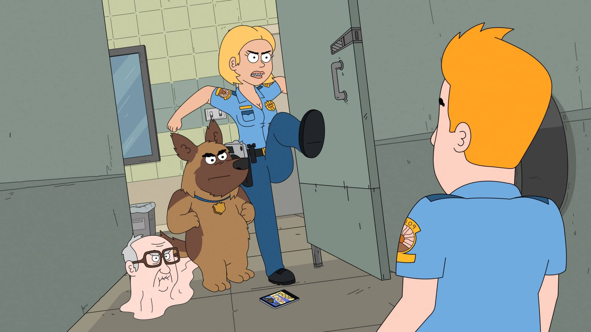 Animated 桌布 壁紙 — 卡通警察踢門，而一隻狗和一個男人躺在鋪有瓷磚的房間地板上。