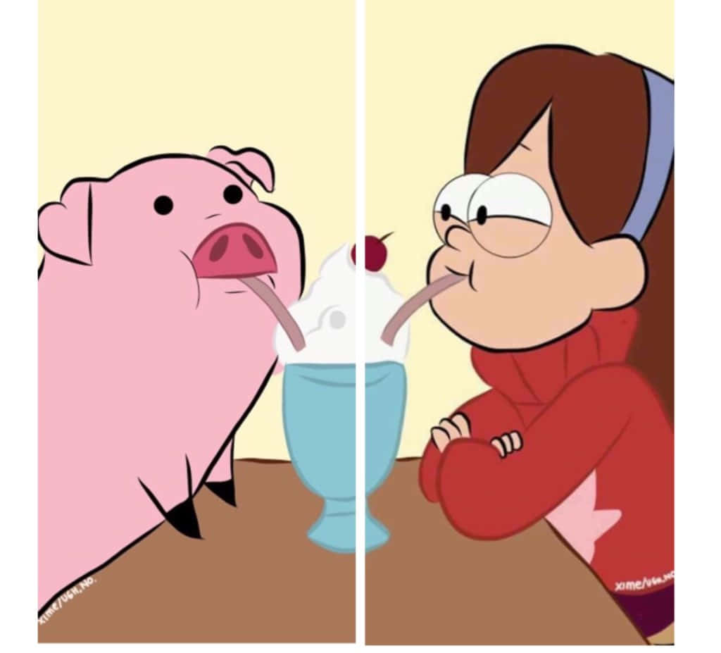 美學 桌布 壁紙 — 卡通豬和女孩用吸管分享奶昔，表情俏皮。