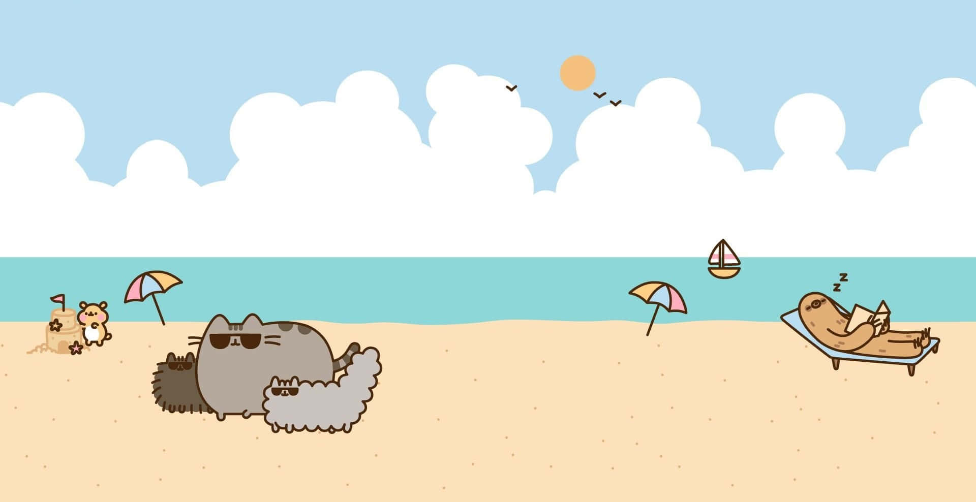 pusheen 動圖 桌布 壁紙 — 卡通貓和狗在陽光明媚的海灘上放鬆，有帆船和沙堡，藍天白雲。