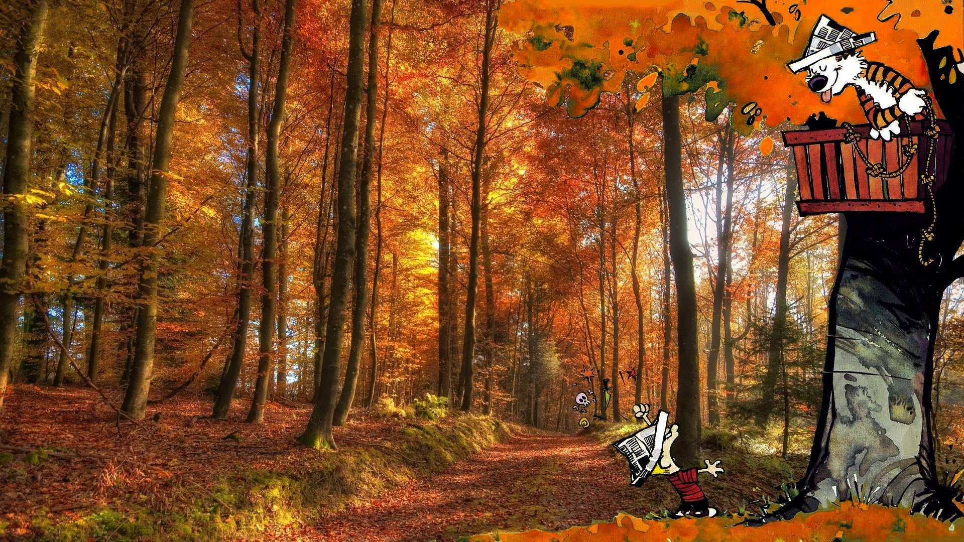 Hobbes 桌布 壁紙 — 卡通貓在樹屋裡，男孩在下面，充滿活力的秋日森林，金黃的樹葉。