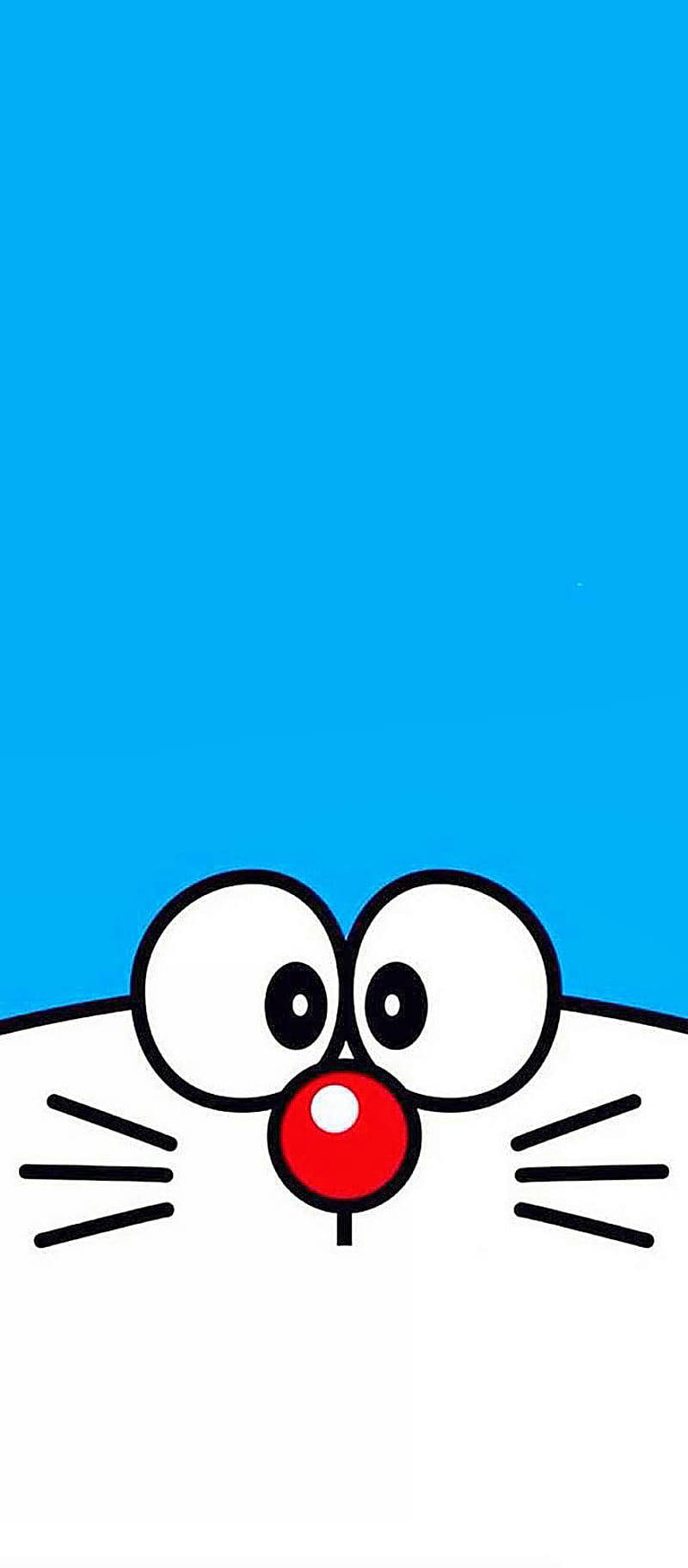 Doraemon 桌布 壁紙 — 卡通貓臉，有大眼睛和紅鼻子，從底部窺視，背景是藍天。