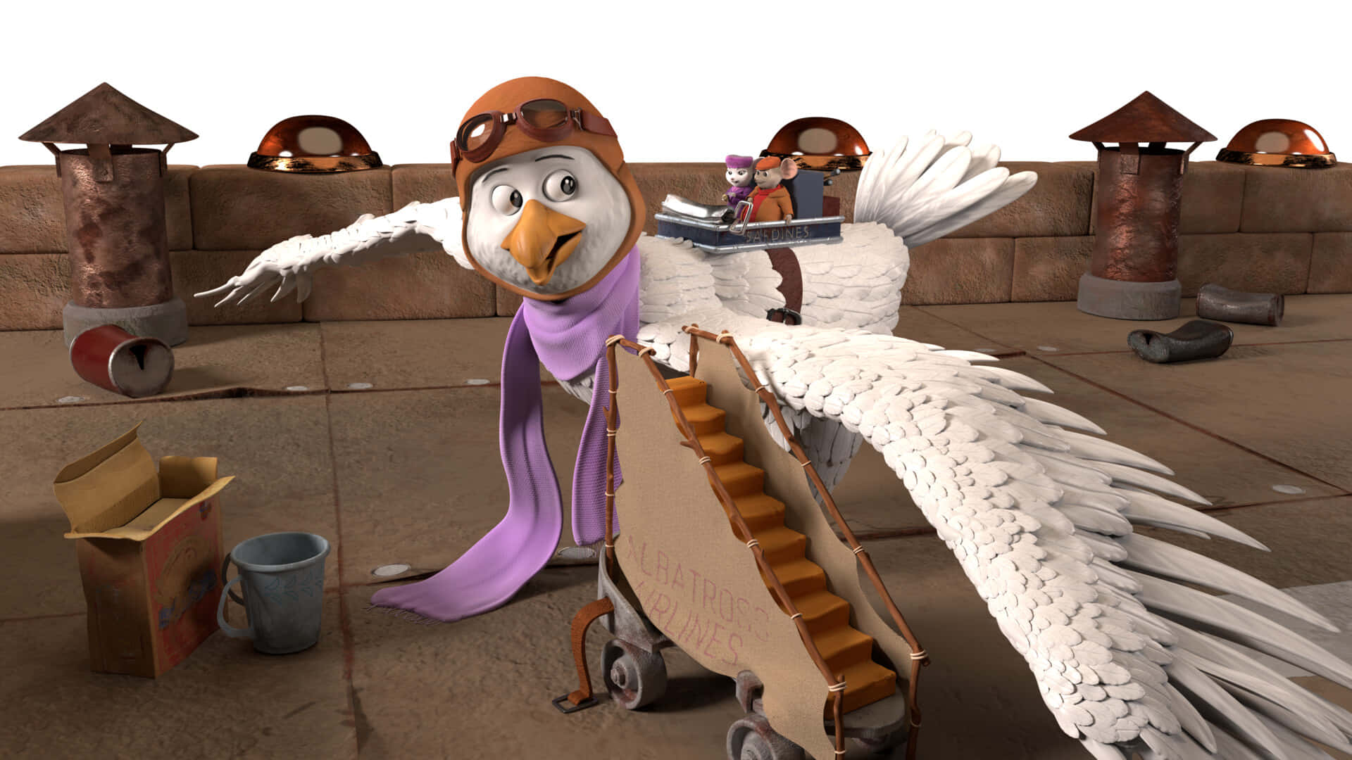 The Rescuers Down Under 桌布 壁紙 — 卡通貓頭鷹飛行員戴著護目鏡和圍巾，在雜亂的工作坊中推動一架帶有輪子樓梯的紙板飛機。