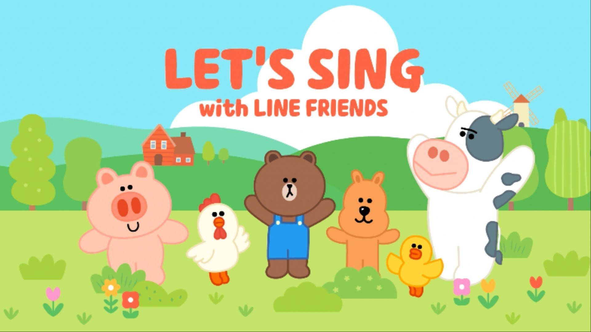 Line 桌布 壁紙 — 卡通農場動物包括熊、雞、豬和牛，一起站在藍天下色彩繽紛的田野中，文字寫著「Let's Sing with LINE FRIENDS」。