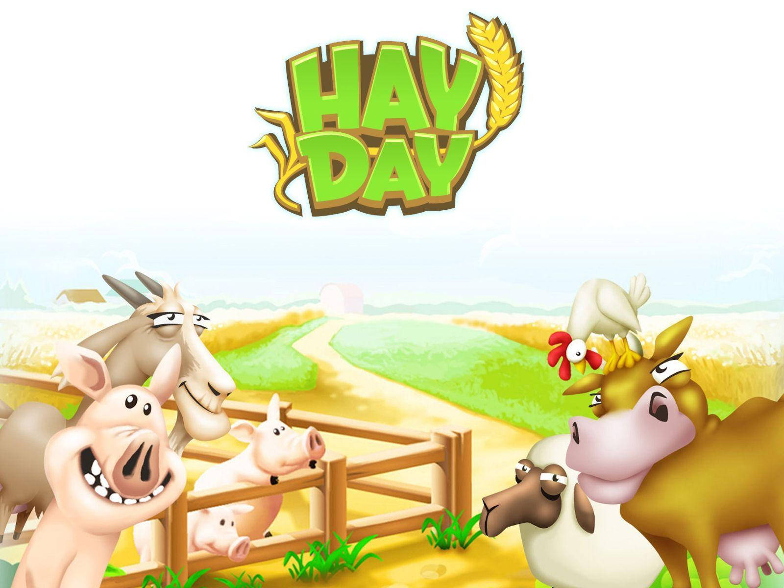 Hay 桌布 壁紙 — 卡通農場動物愉快地聚集在木柵欄周圍，上方有明亮的天空和「HAY DAY」標誌。