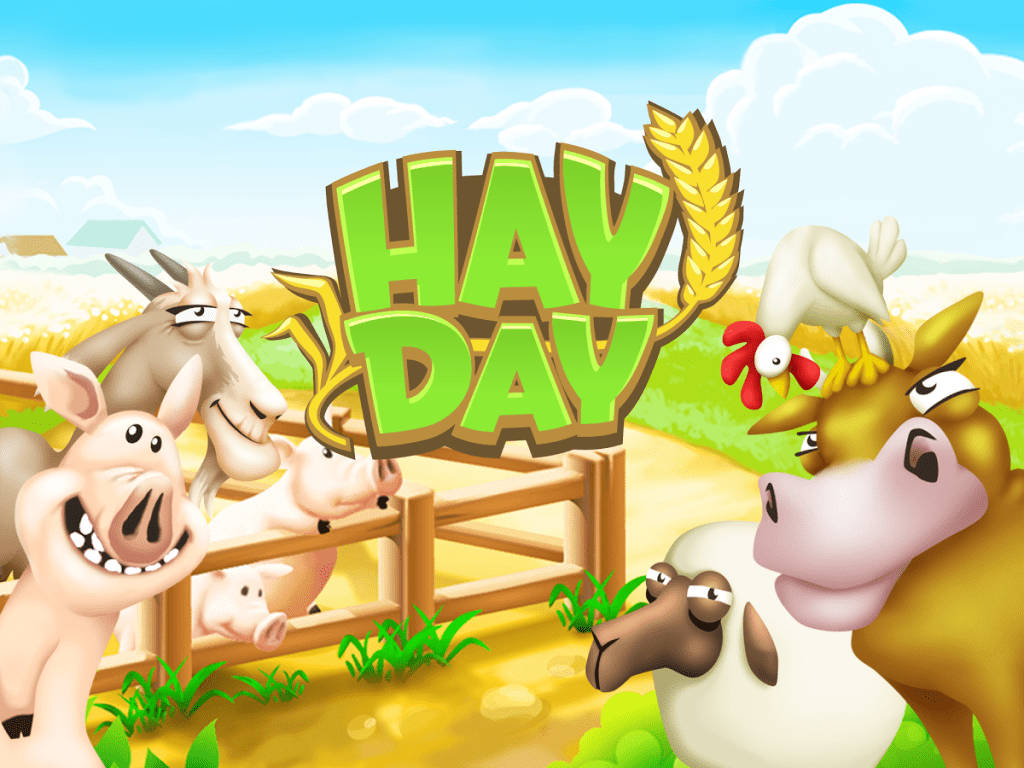 Hay 桌布 壁紙 — 卡通農場動物愉快地聚集在木柵欄周圍，在晴朗的藍天白雲下。
