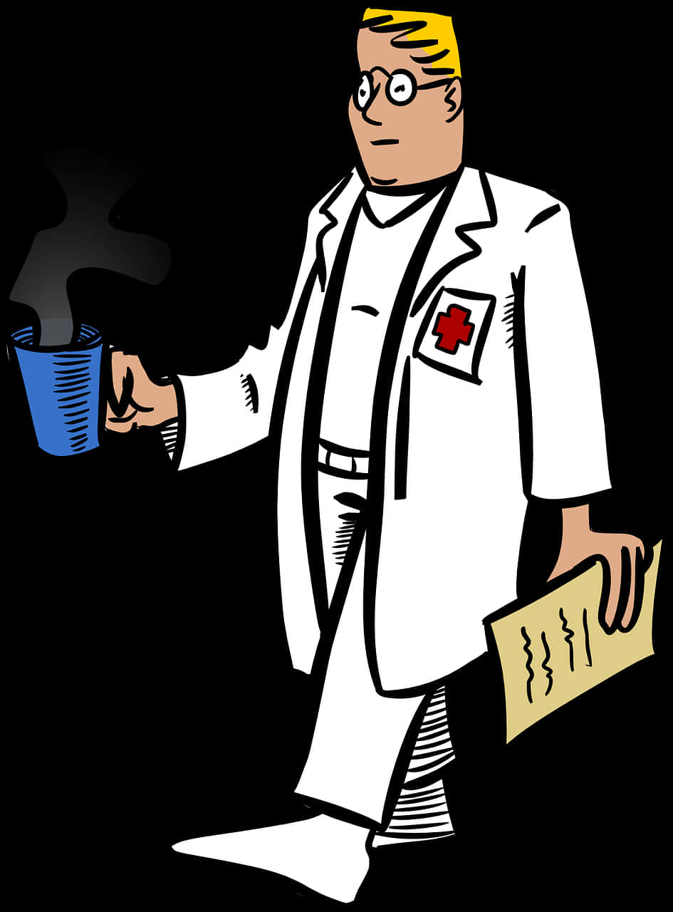 Cartoon 桌布 壁紙 — 卡通醫生穿著白袍，在黑色背景前拿著冒煙的藍色杯子和剪貼板。