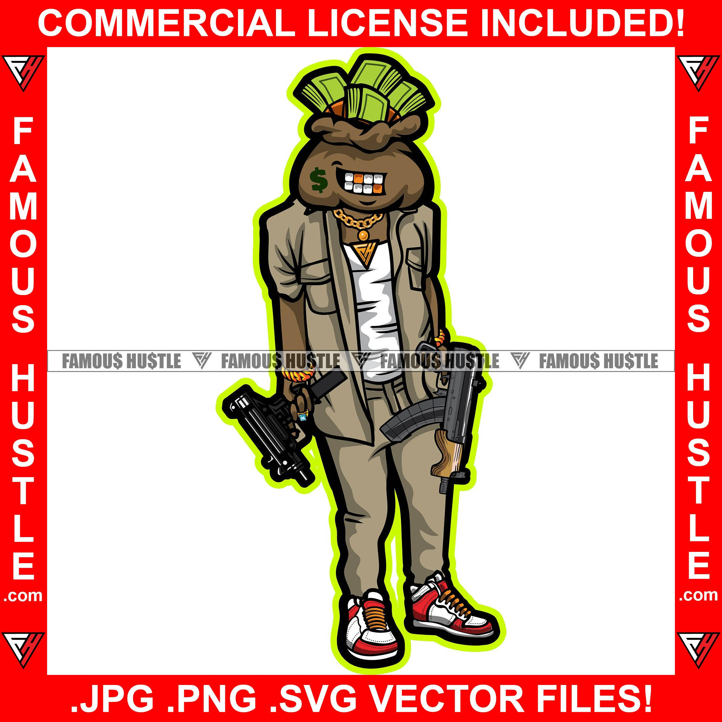 Gangsta Cartoon 桌布 壁紙 — 卡通錢袋角色，頭頂美元鈔票，身穿街頭服飾，手持兩把槍。