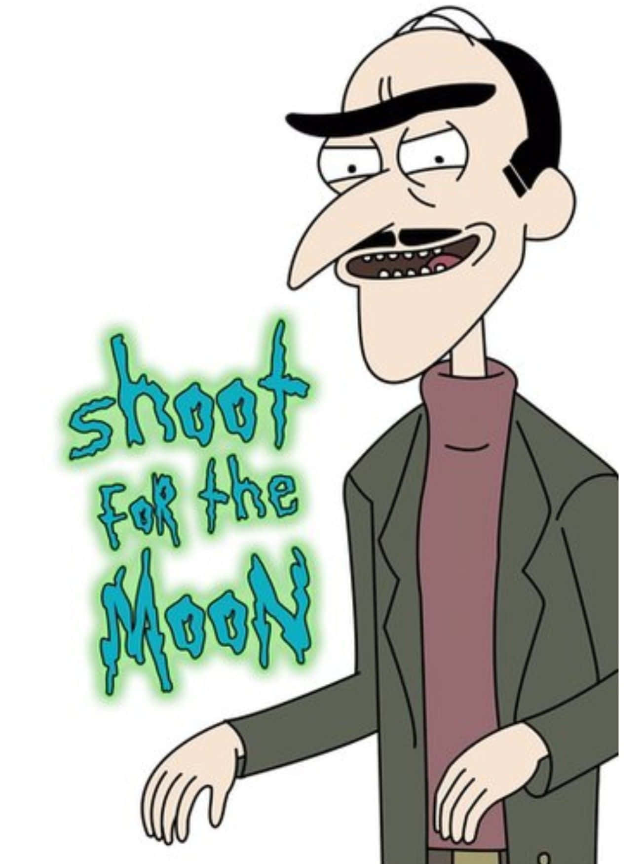 Wubba Lubba Dub Dub 桌布 壁紙 — 卡通長鼻鬍鬚男在發光藍色文字旁做手勢，文字寫著瞄準月亮。
