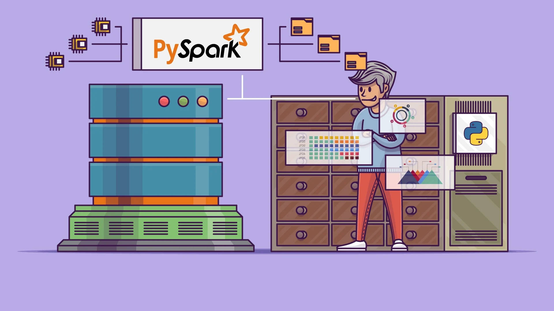 Cartoon 桌布 壁紙 — 卡通開發人員在風格化的科技工作空間中與 PySpark 數據處理工具和可視化互動。