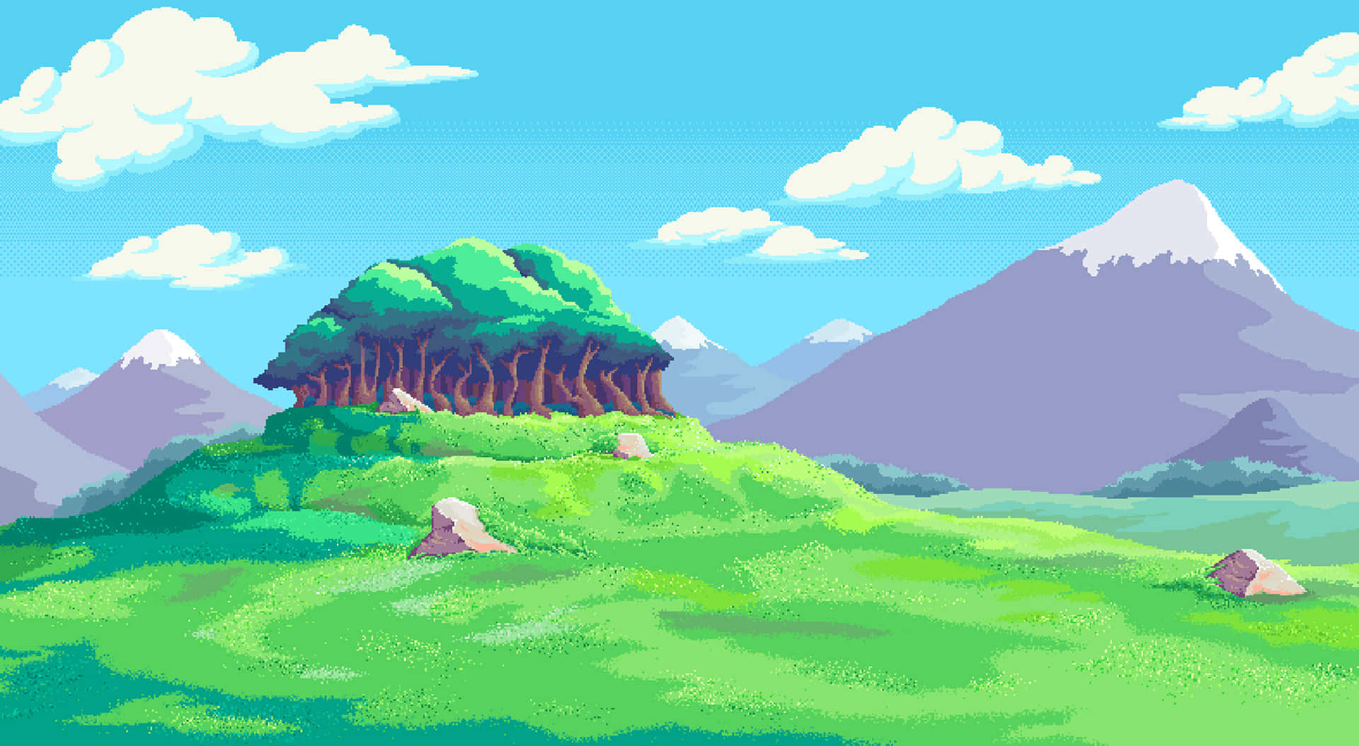 卡通風景，有樹木和山巒 壁紙