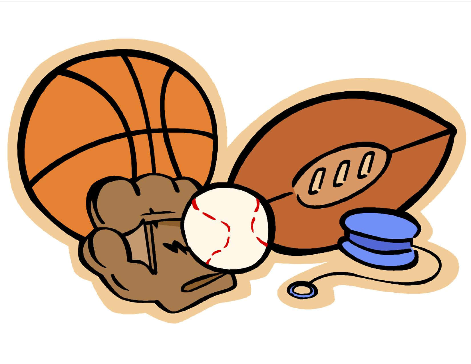 Best Sports 桌布 壁紙 — 卡通風格插圖，包含籃球、棒球手套、棒球、美式足球和藍色哨子。