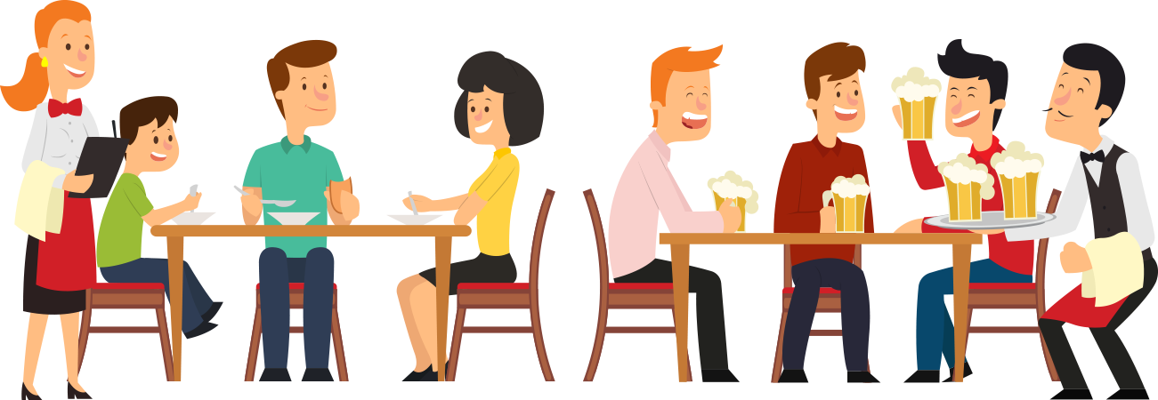 Restaurant 桌布 壁紙 — 卡通風格插圖，描繪了愉快的食客在餐廳享用美食和啤酒，員工面帶微笑。