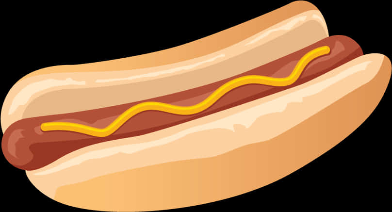 Hot Dog 桌布 壁紙 — 卡通風格熱狗，放在麵包中，帶有波浪形芥末線條，背景為黑色。