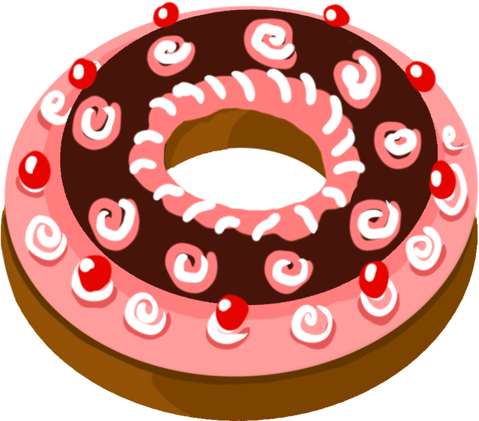 Desserts 桌布 壁紙 — 卡通風格甜甜圈，搭配粉紅色糖霜、巧克力淋醬和紅色櫻桃配料，置於黑色背景上。