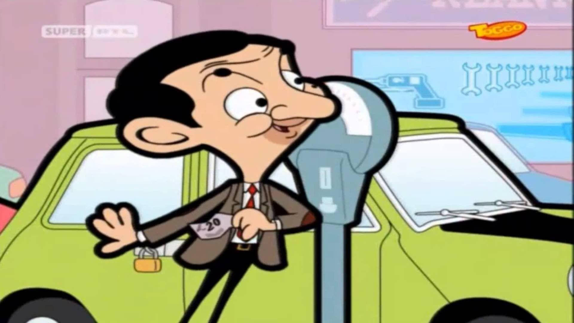 Cartoon 桌布 壁紙 — 卡通風格的Mr Bean靠著一輛綠色汽車，拿著停車計時器，露出頑皮的笑容。