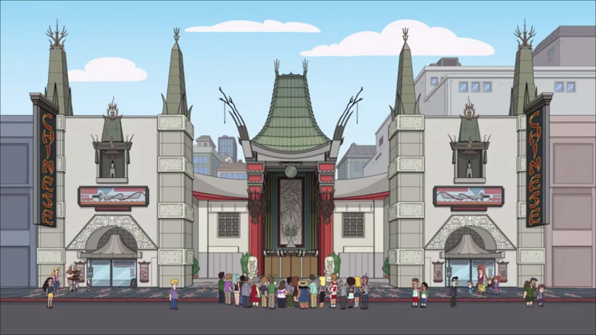 Cartoon 桌布 壁紙 — 卡通風格的中國劇院，擁有華麗的建築，動畫角色人群聚集在明亮的藍天下。
