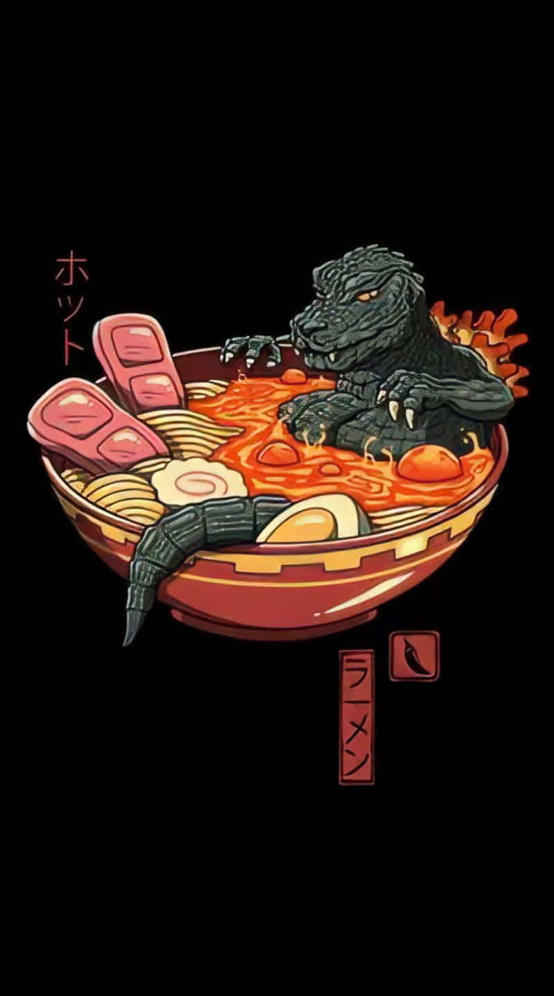 Noodles 桌布 壁紙 — 卡通風格的哥吉拉從一碗冒著熱氣的拉麵中出現，搭配筷子及辛辣文字點綴。