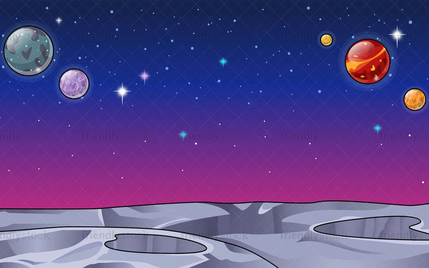 Cartoon Space 桌布 壁紙 — 卡通風格的太空場景，色彩繽紛的行星和星星在佈滿隕石坑的灰色月球表面之上。