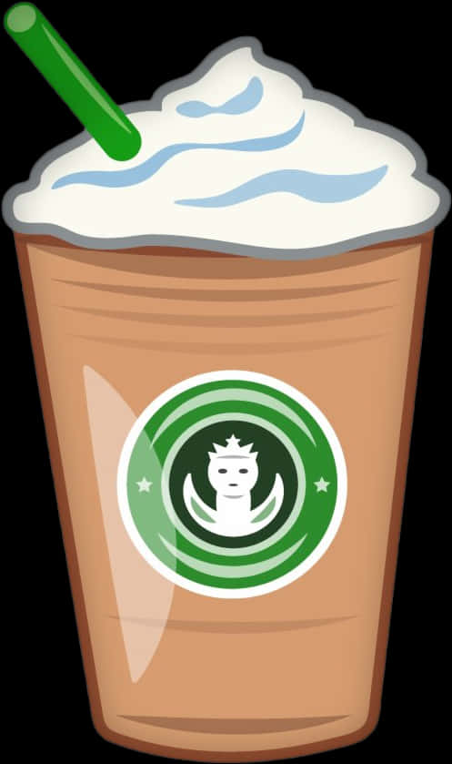 Starbucks Coffee 桌布 壁紙 — 卡通風格的星巴克冰咖啡杯，上有鮮奶油和綠色吸管，黑色背景。