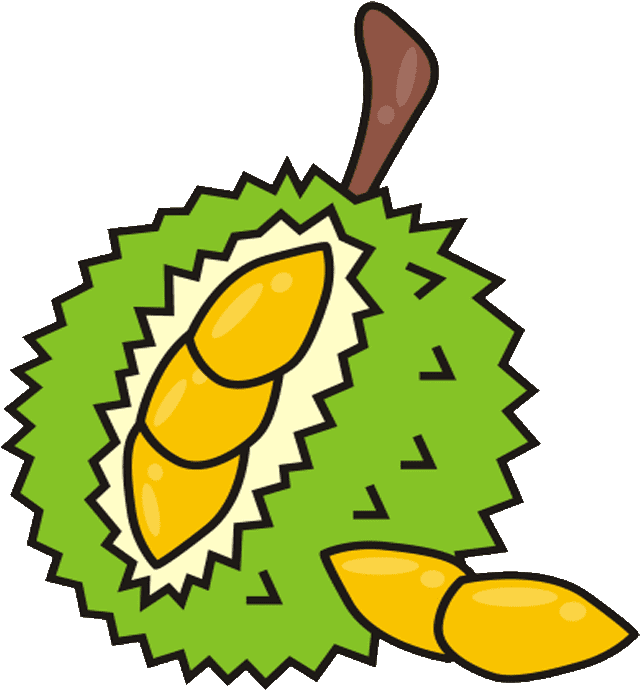 Durian 桌布 壁紙 — 卡通風格的榴槤，綠色帶刺外殼，黃色果肉在黑色背景上顯露出來。