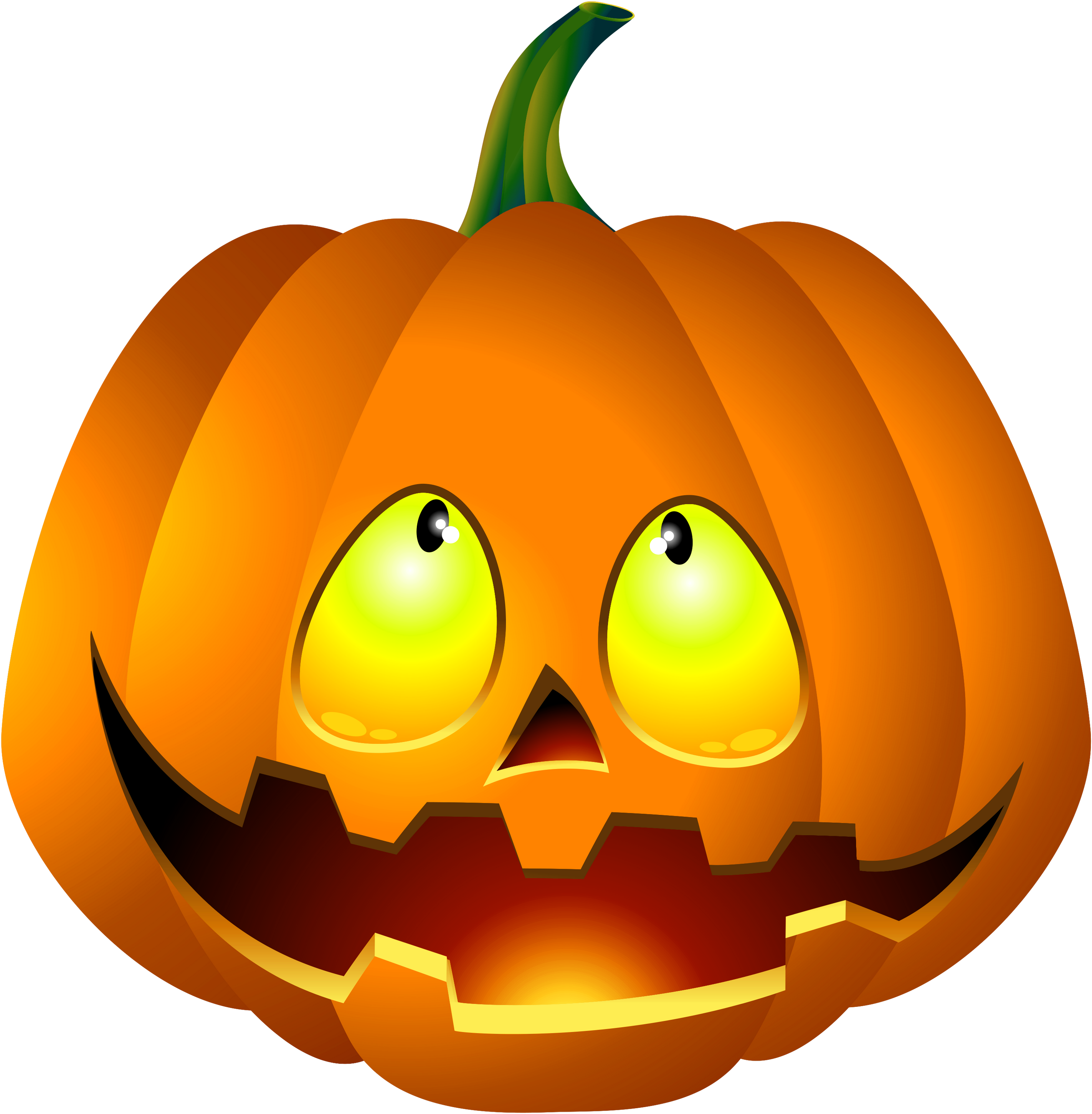 Pumpkin Halloween 桌布 壁紙 — 卡通風格的橙色南瓜燈，帶有發光的黃色眼睛和寬闊的露齒笑容，背景為黑色。