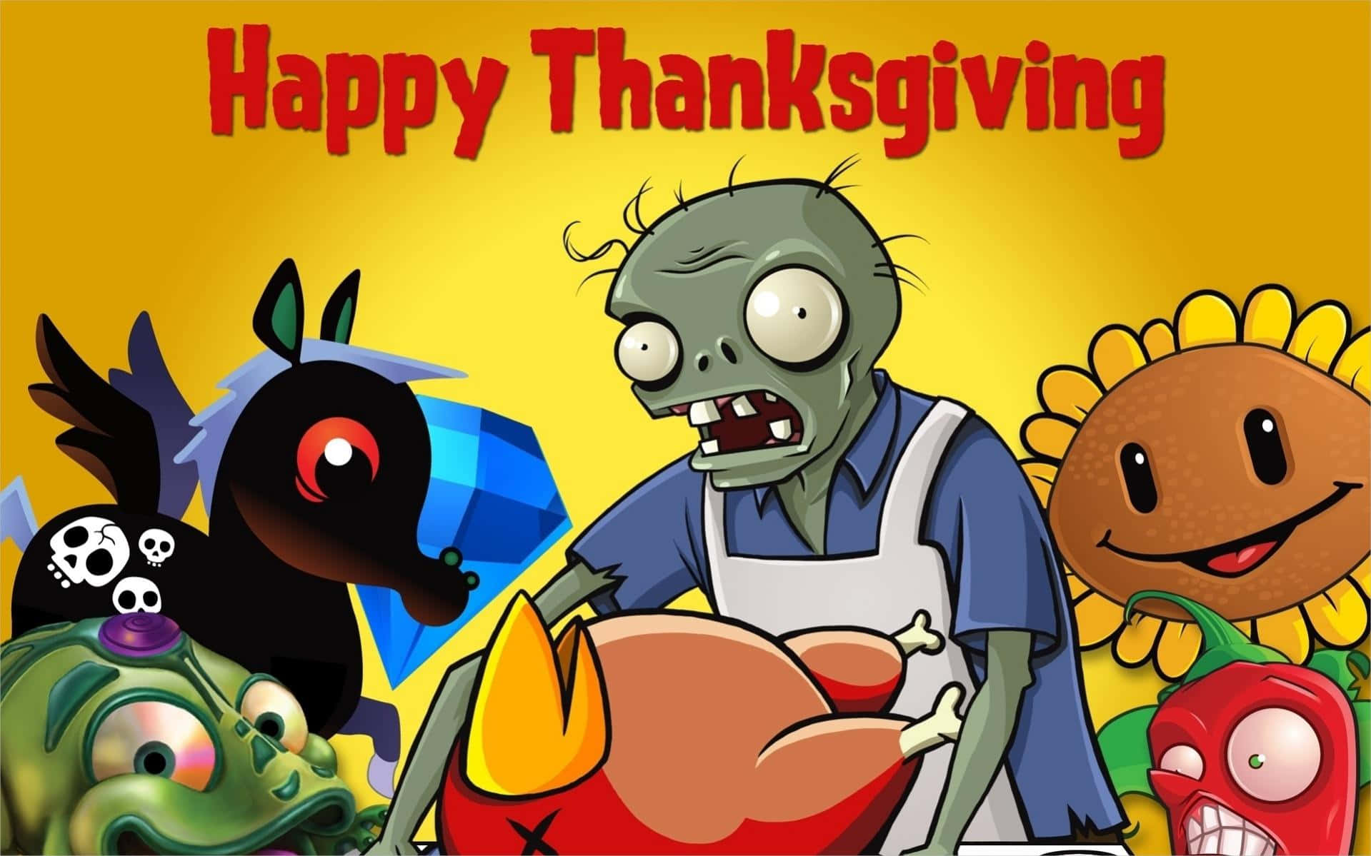 Happy Thanksgiving 桌布 壁紙 — 卡通風格的殭屍角色在明亮的黃色背景前，用烤火雞和微笑的向日葵慶祝感恩節。