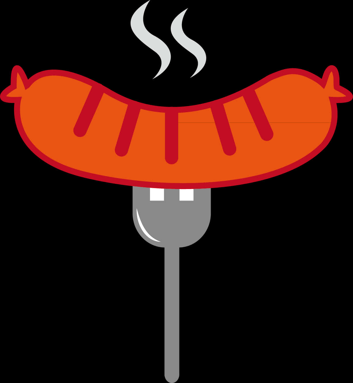 熱狗 桌布 壁紙 — 卡通風格的烤香腸，帶有烤痕和蒸氣，放在叉子上，黑色背景。
