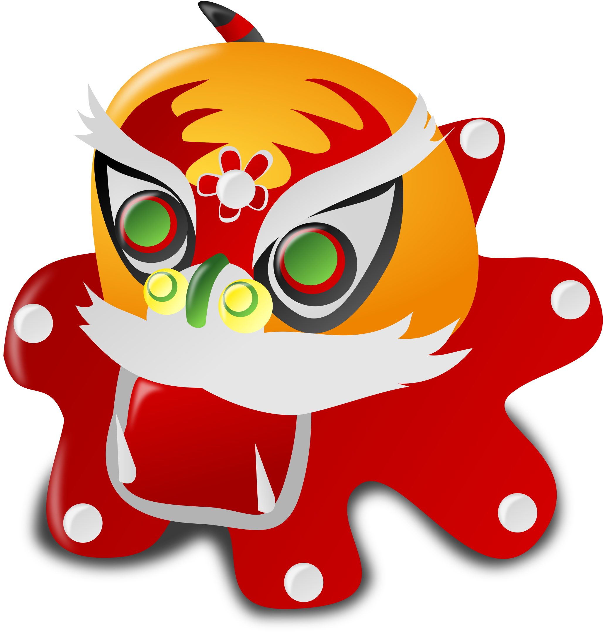Lunar New Year 桌布 壁紙 — 卡通風格的紅橙色舞獅服裝，綠色眼睛和白色鬍鬚，黑色背景。