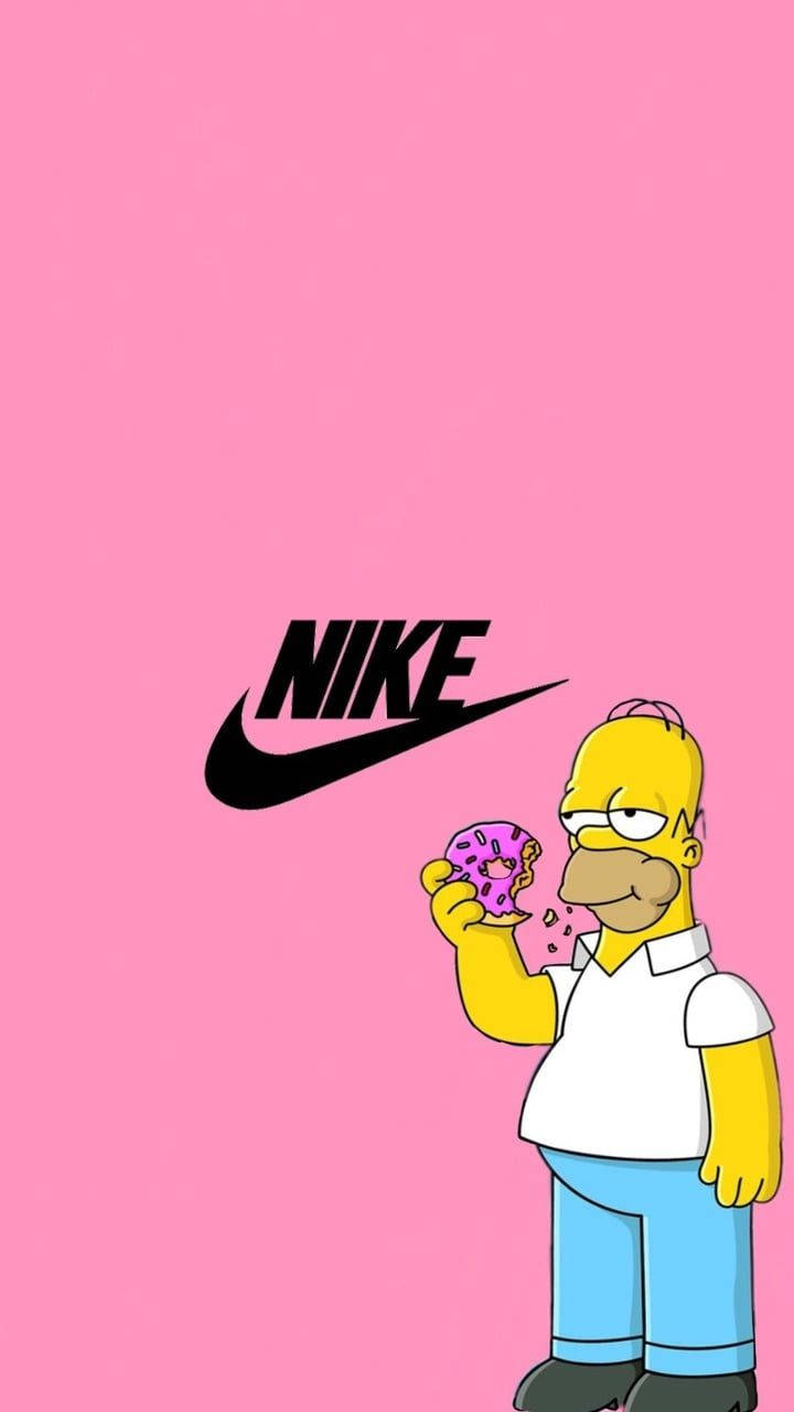 荷馬·辛普森在粉色背景上手持粉色糖霜甜甜圈，旁邊有Nike標誌。 — Nike GIF 壁紙