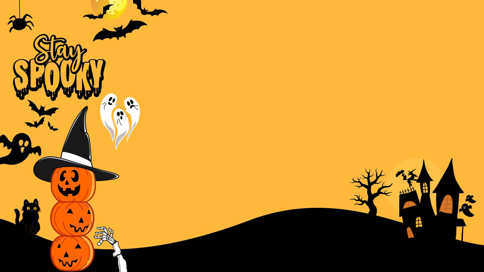 Spooky Season 桌布 壁紙 — 卡通風格的萬聖節場景，有堆疊的南瓜燈、女巫帽、幽靈、蝙蝠和鬼屋，背景是橙色天空。