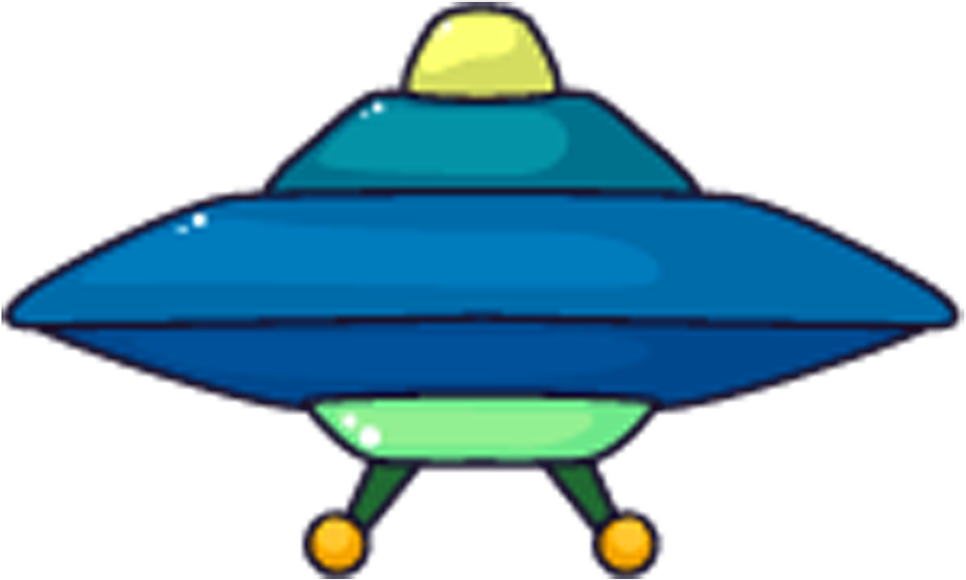 Spaceship 桌布 壁紙 — 卡通風格的藍色UFO，帶有黃色圓頂和橙色著陸燈，背景為黑色。