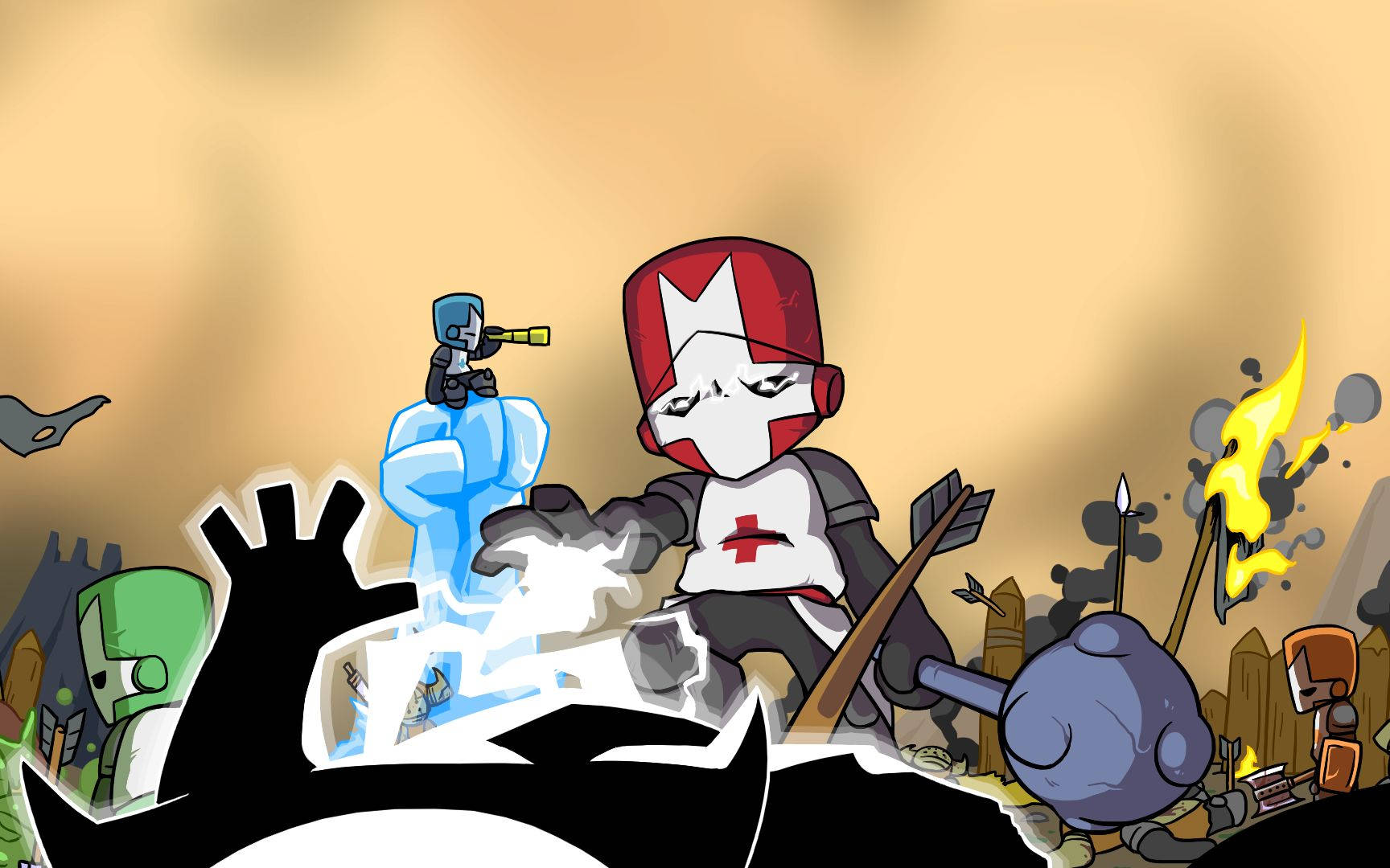 Castle Crashers 桌布 壁紙 — 卡通風格的騎士，戴著紅色頭盔，白色臉龐，站在戰鬥廢墟中，面對發光的黃色火焰和冰塊敵人。