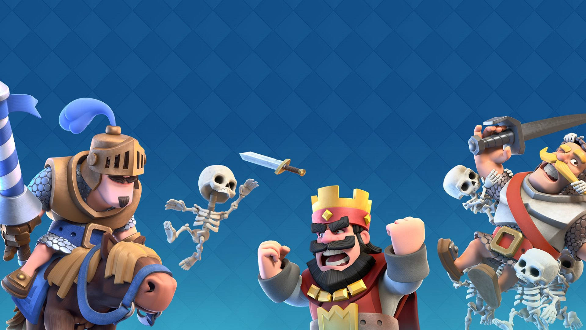 Clash Royale 桌布 壁紙 — 卡通風格遊戲角色，包括騎豬的騎士、國王和野蠻人，以及骷髏，背景為藍色鑽石圖案。