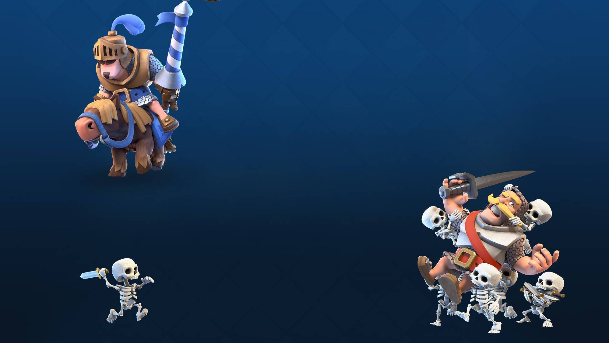 Clash Royale 桌布 壁紙 — 卡通風格遊戲角色，包括騎馬的騎士和帶有骷髏的野蠻人，背景為深藍色。
