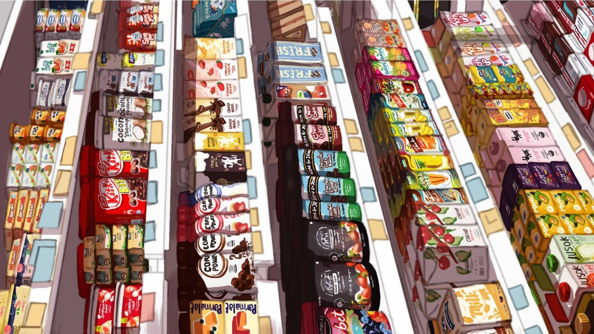 Store 桌布 壁紙 — 卡通風格雜貨店內色彩繽紛零食通道的鳥瞰圖，包裝鮮豔，產品排列整齊。