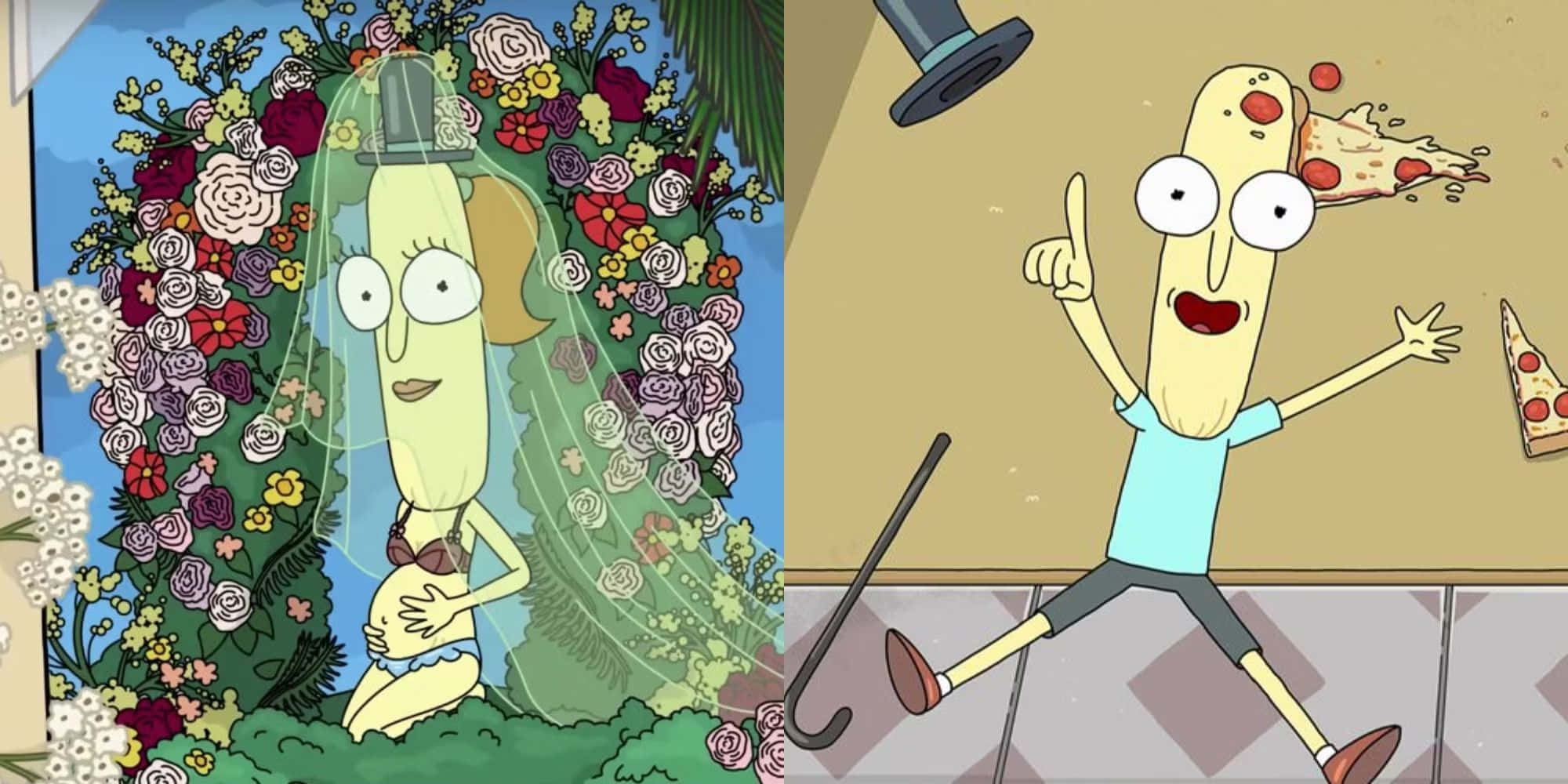 Mr Poopybutthole 桌布 壁紙 — 卡通香蕉角色，一個戴著婚紗被鮮花環繞，另一個快樂地跳舞，披薩從他頭上飛出。
