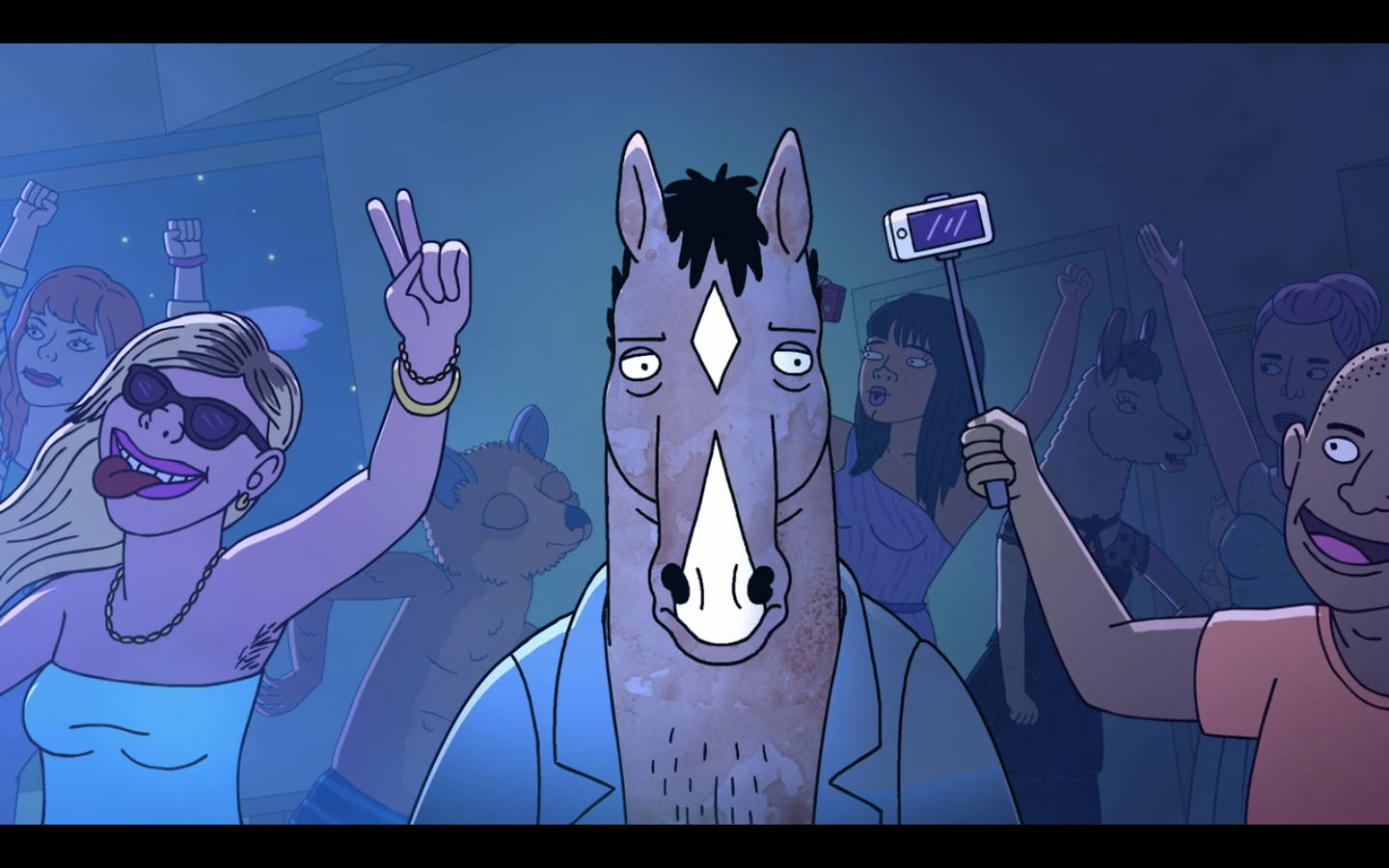 bojack 桌布 壁紙 — 卡通馬在派對場景中，動畫角色在藍色燈光下跳舞。