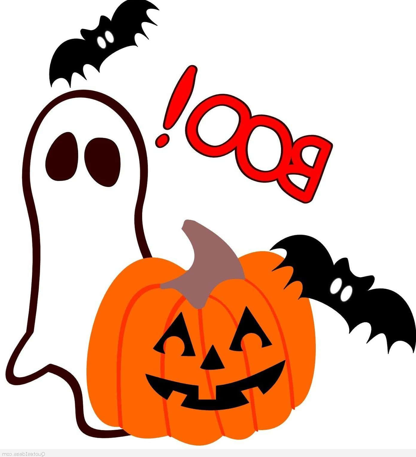 可愛萬聖節 桌布 壁紙 — 卡通鬼魂和南瓜，蝙蝠和一個紅色的「BOO」，宣告萬聖節的樂趣。