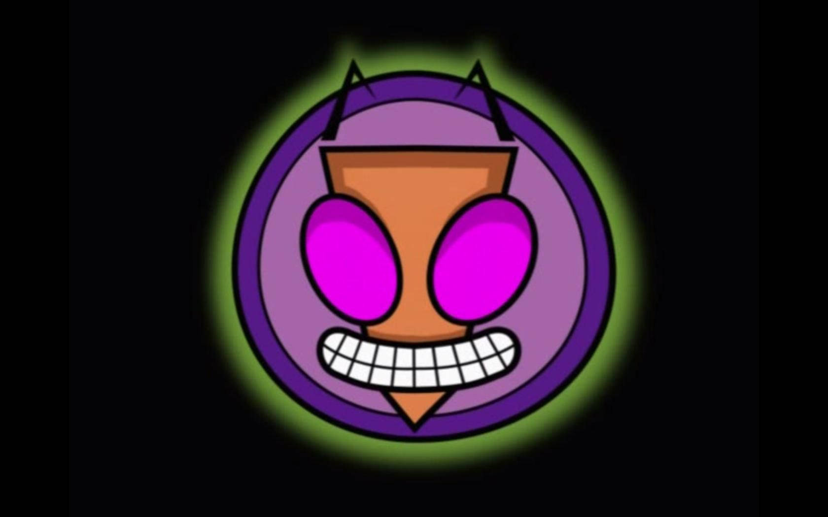 Invader Zim 桌布 壁紙 — 卡通魔鬼面孔，帶有發光的綠色光環和鋒利的牙齒，背景為黑色。