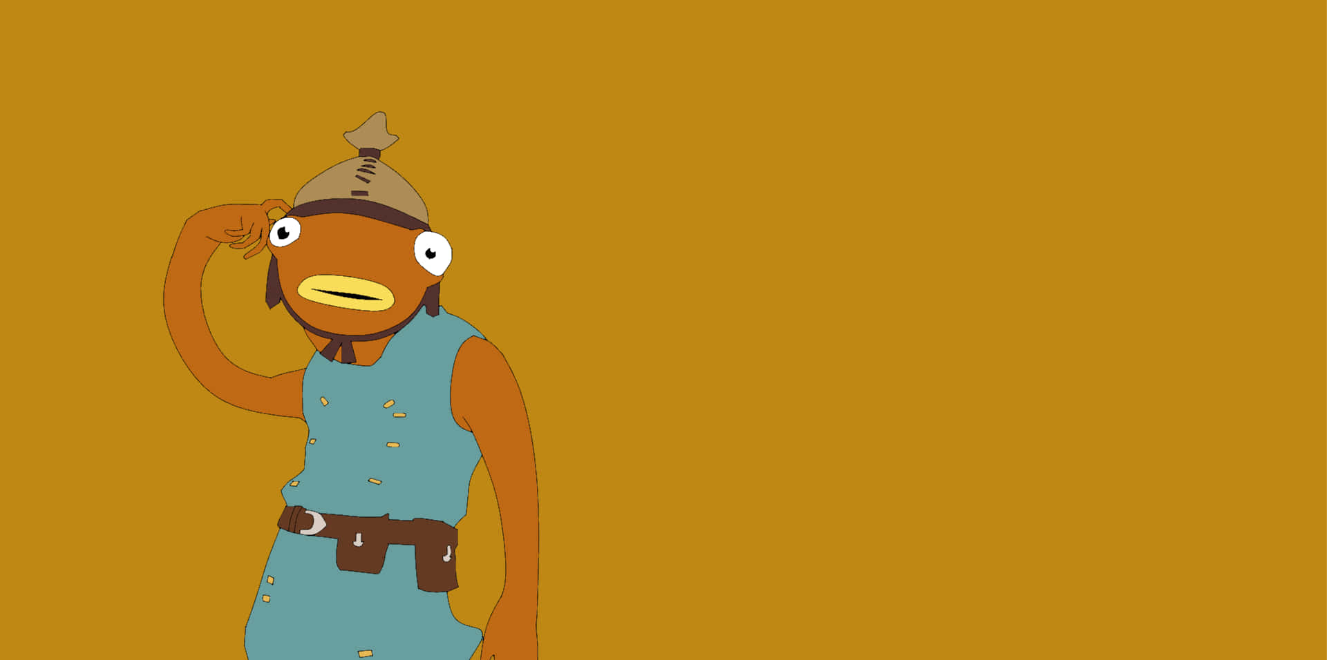 Fortnite Fishstick 桌布 壁紙 — 卡通魚角色穿著藍色背心和帽子，在純芥末黃色背景上敬禮。