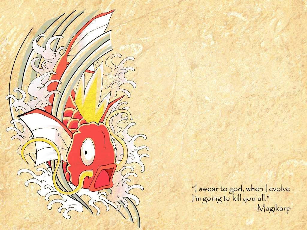 Magikarp 桌布 壁紙 — 卡通鯉魚王從風格化的波浪中躍出，躍上帶有紋理的羊皮紙，並附有一句關於進化的幽默語錄。