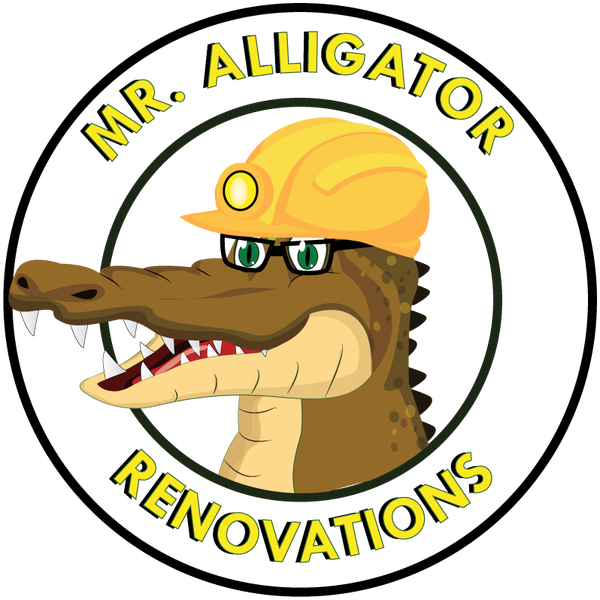 Renovation 桌布 壁紙 — 卡通鱷魚戴著黃色安全帽和眼鏡，在圓形標誌內露出尖牙微笑。