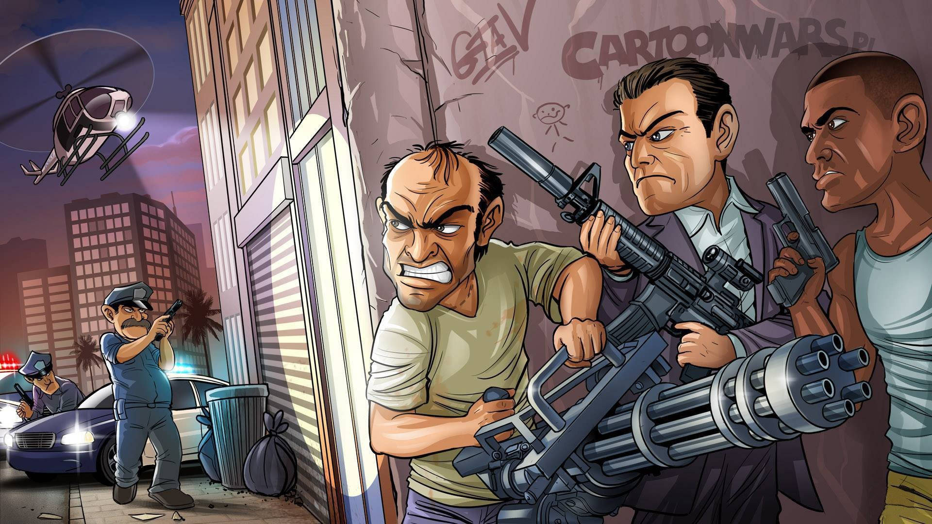 gta v 桌布 壁紙 — 卡通黑幫手持重型武器在黃昏時分的骯髒城市小巷中與警察對峙。