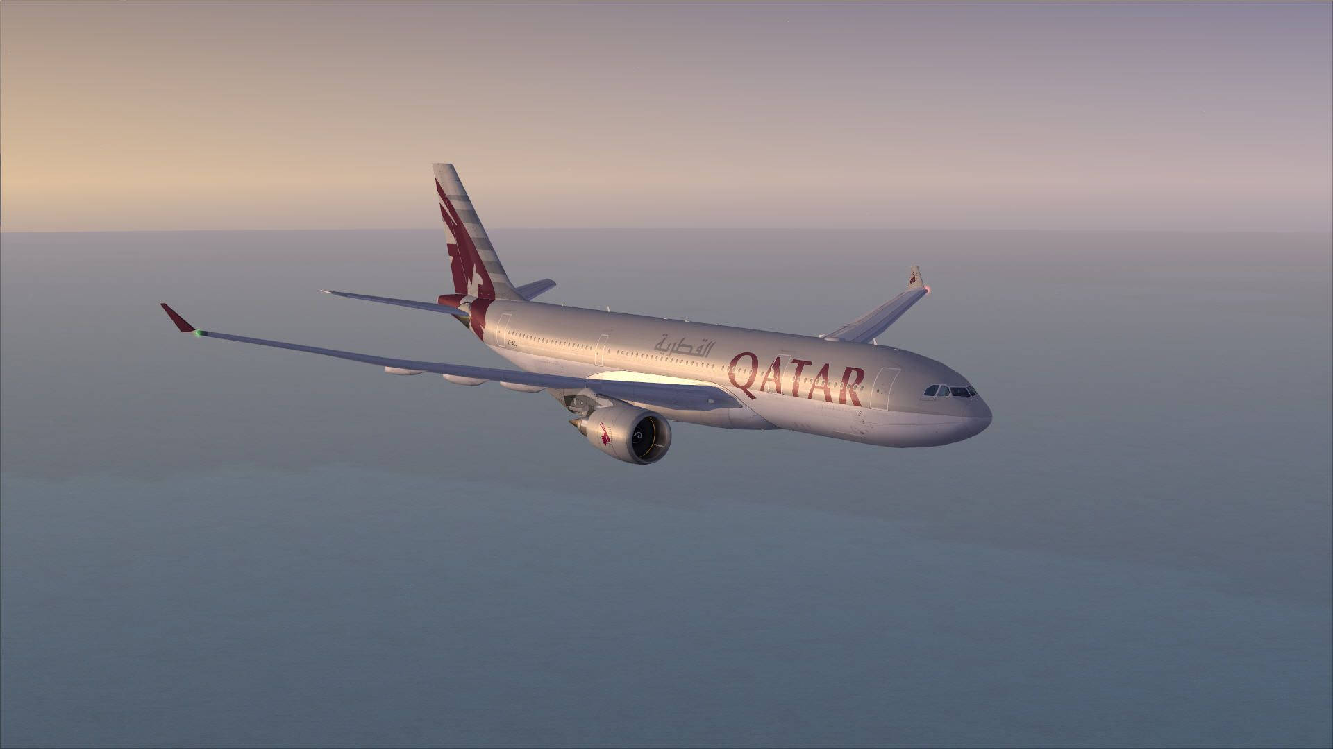 飛機 桌布 壁紙 — 卡達航空的空中巴士A330在日落時分，於平靜的海洋上空優雅翱翔，呈現柔和的金色和藍色色調。