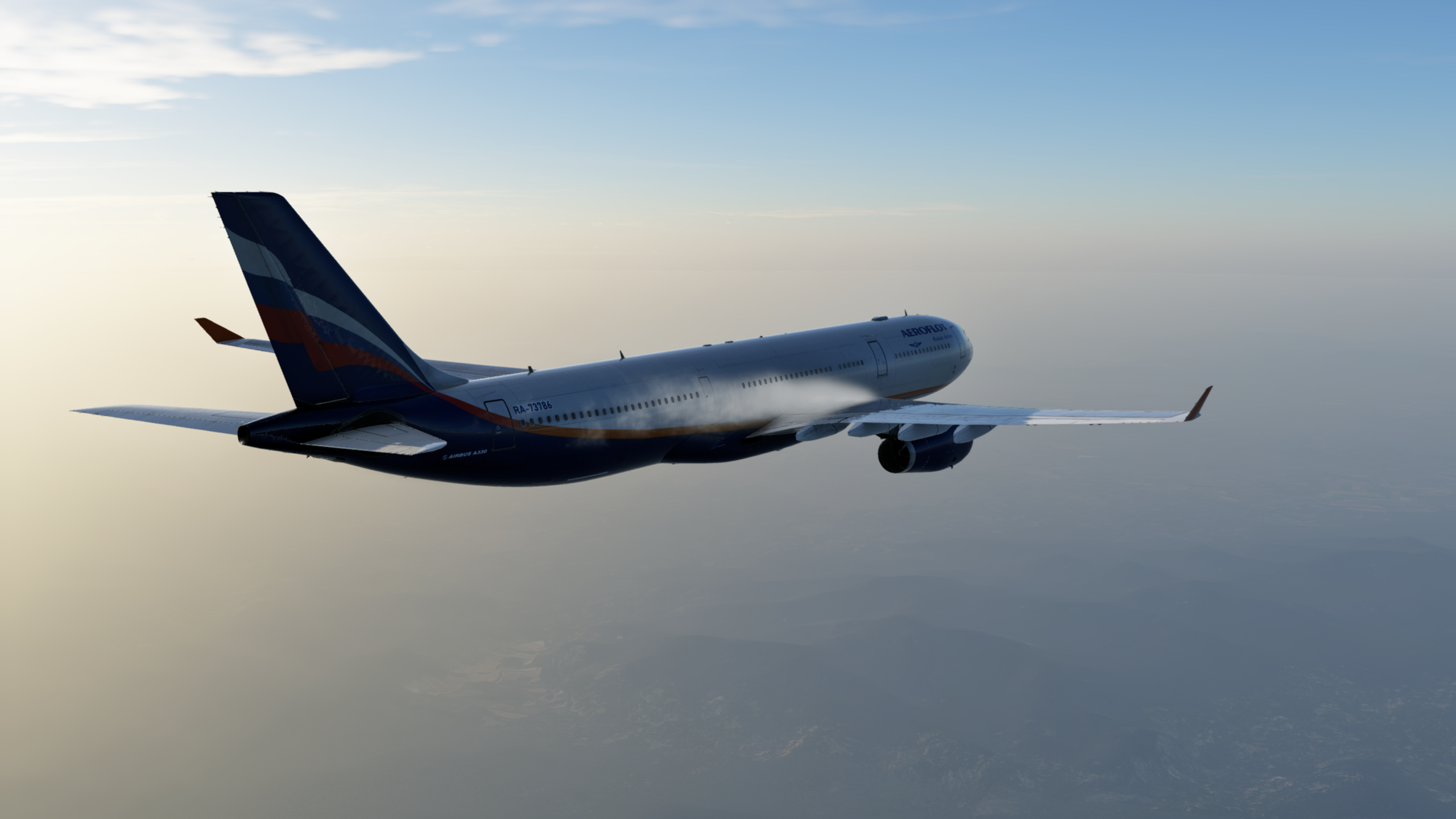 Plane 桌布 壁紙 — 卡達航空的空中巴士A330在黎明時分優雅地翱翔於朦朧景觀之上，柔和的金色光芒沐浴著機身。