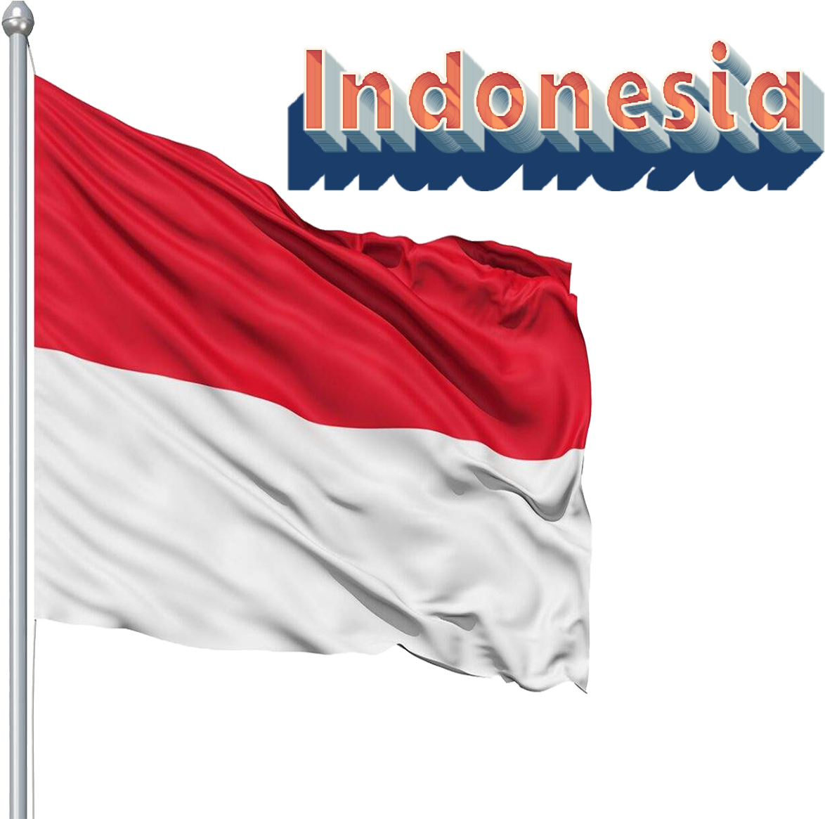 Flag 桌布 壁紙 — 印尼國旗在黑色背景上動態飄揚，上方有風格化的3D文字「Indonesia」。